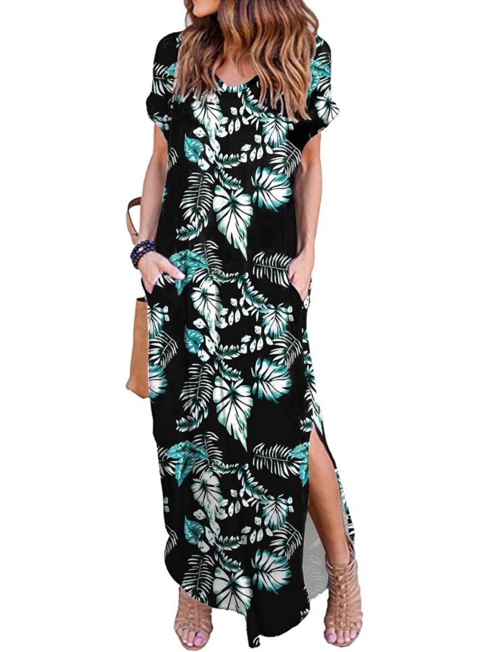 Women Black Leaves Summer Maxi Long Dress Casual Loose Short Sleeve Split Pocket